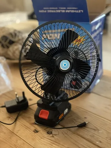 پنکه شارژی چرخشی 90 درجه 48 ولت توری فلزی مدل FAN LITHIUM 3PIN موتور براشلس( اصلی .ضمانت کالا)